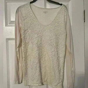 Loft Outlet | Cream Long Sleeve Lace Front Top | Size S